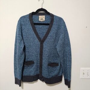 Mens Wool Blend Cardigan Sweater Blue Grey Wool Blend V-Neck Button Front Large